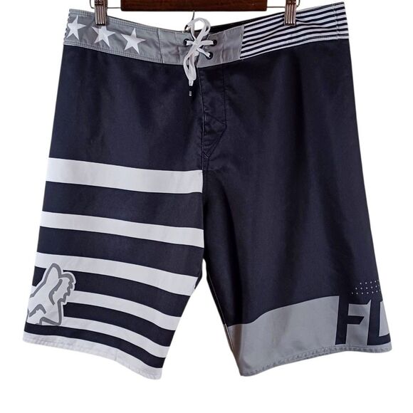 Fox Racing H20 Black White Board Shorts 34 Stars Stripes Motocross Swim Trunks - Picture 2 of 10
